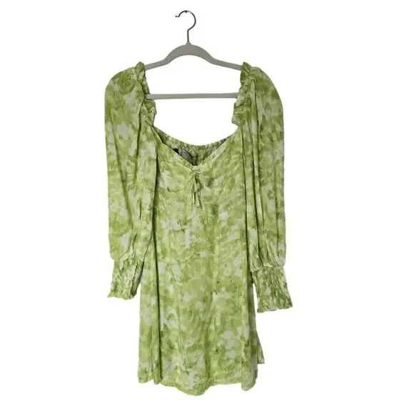 Faithfull The Brand Mini Dress Women's Size 6 Green White Tie Dye Long  Sleeve